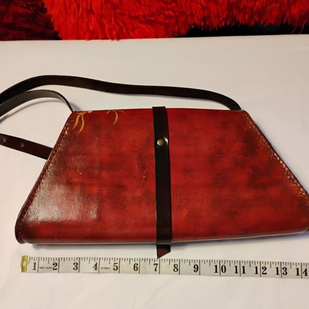 Vintage Style Hand Painted Leather Shoulder Bag Floral Brown Purse - Picture 4 of 7